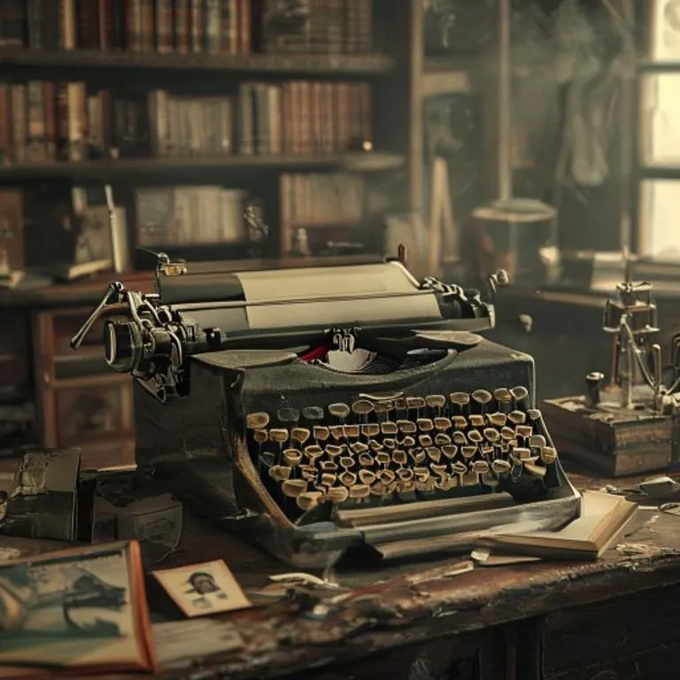 Bodegón cinematográfico de una máquina de escribir vintage con un manuscrito científico, evocando el impacto de las mujeres en la ciencia y la tecnología.