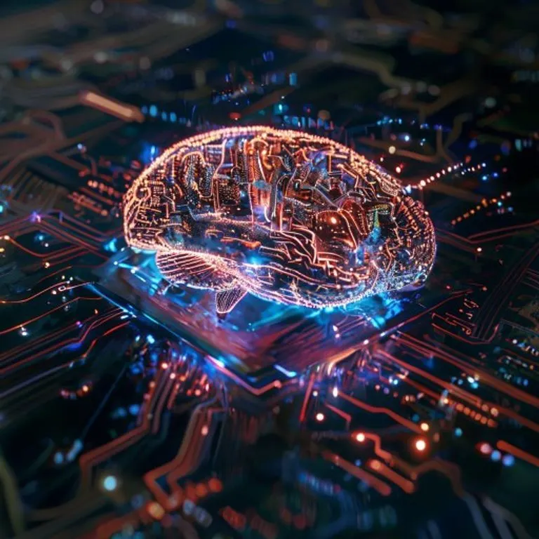 Icono de cerebro con circuitos y símbolos cuánticos, representando IA y seguridad cuántica.