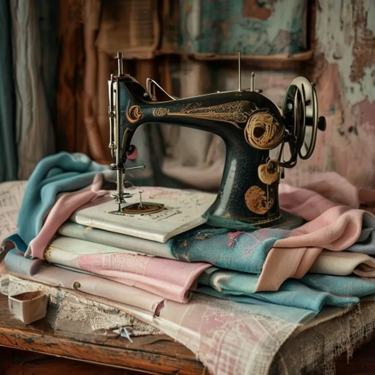 Máquina de coser vintage de los años 50 con telas y patrones, simbolizando la artesanía y la moda de posguerra.
