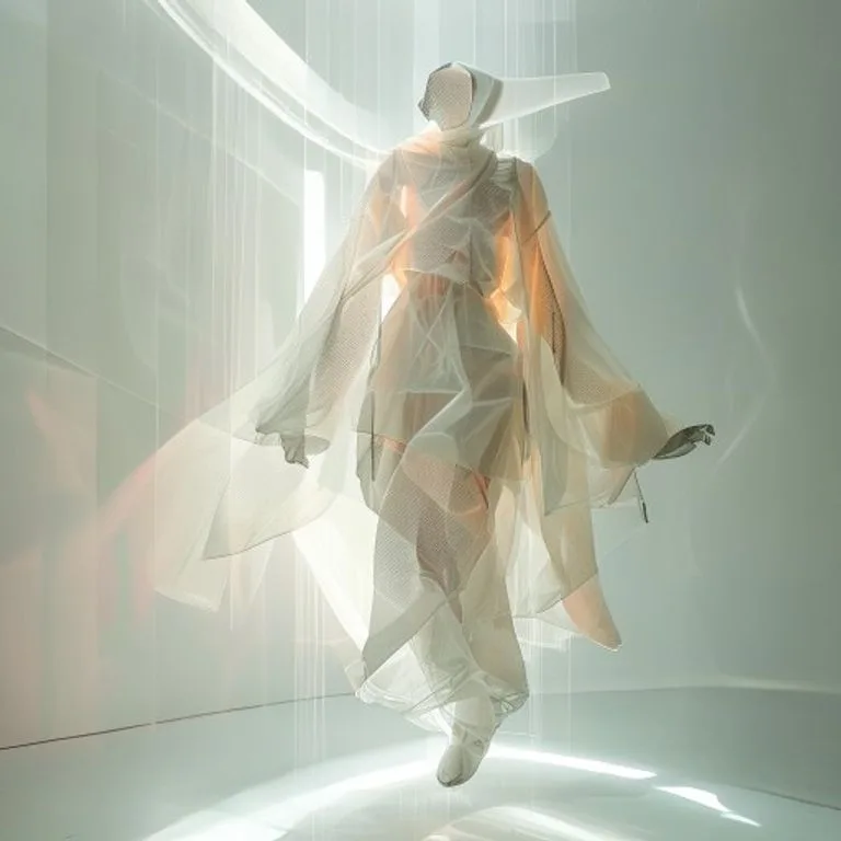 Representación conceptual de prendas futuristas y sostenibles flotando, simbolizando la innovación y el futuro de la moda.