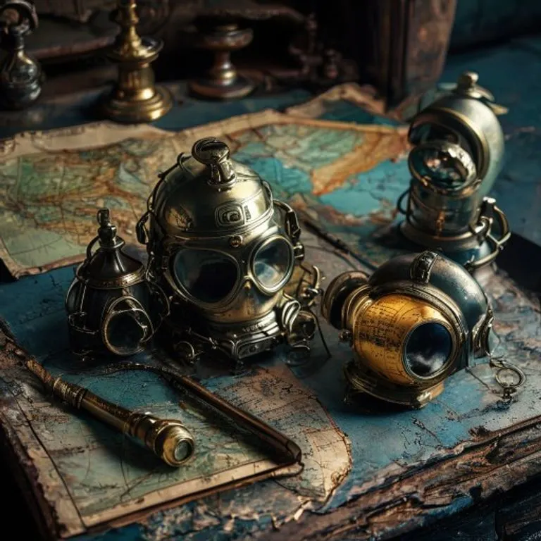 Fotografía cinematográfica de instrumentos oceanográficos antiguos y cascos de buceo de latón sobre una mesa de madera. La iluminación dramática resalta los detalles metálicos.