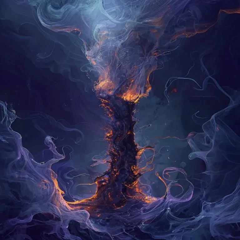 Arte conceptual de una chimenea hidrotermal submarina que emite fluidos, rodeada de formas de vida quimiosintéticas estilizadas y translúcidas en un entorno oscuro y misterioso.