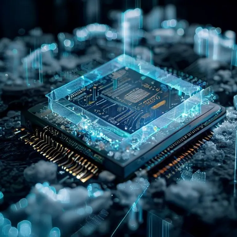 Chip de procesador cuántico sobre hielo con proyecciones holográficas de datos climáticos, en una fotografía de naturaleza muerta científica y analítica.