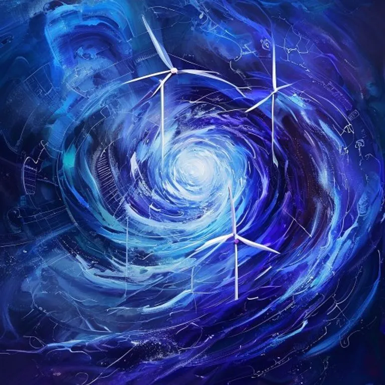 Arte conceptual abstracto de un vórtice de energía y luz, con símbolos de energía renovable, en tonos azules y morados, representando algoritmos optimizados y sostenibilidad.
