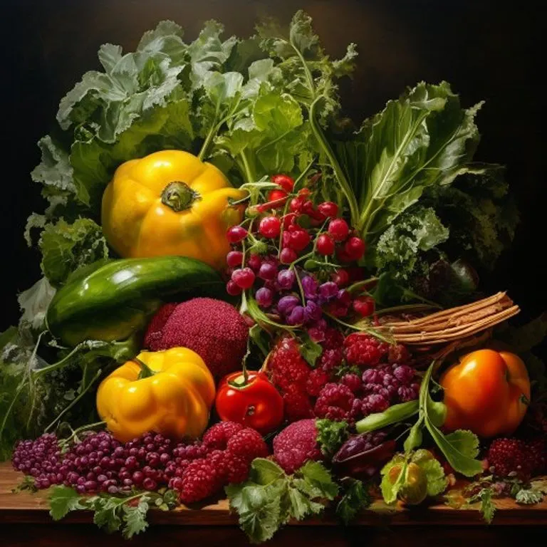 Bodegón cinematográfico de una mesa rústica con ingredientes veganos frescos como tomates, verduras de hoja, quinoa y legumbres en cuencos, bajo luz natural difusa.