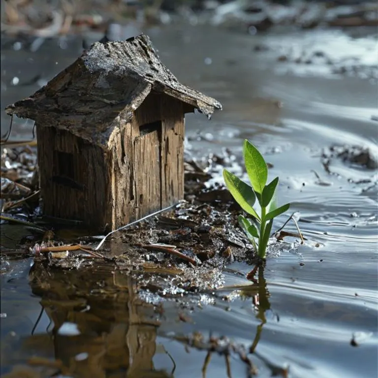 Pintura al óleo de un paisaje sereno con un río tranquilo reflejando un cielo claro, flanqueado por nuevos árboles y un jardín comunitario, simbolizando la reconstrucción y la vida.