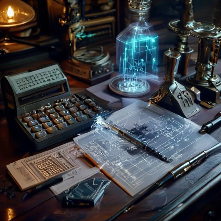 Bodegón cinematográfico con herramientas antiguas y futuristas, incluyendo un calculador mecánico, una proyección holográfica de datos y un chip cuántico.