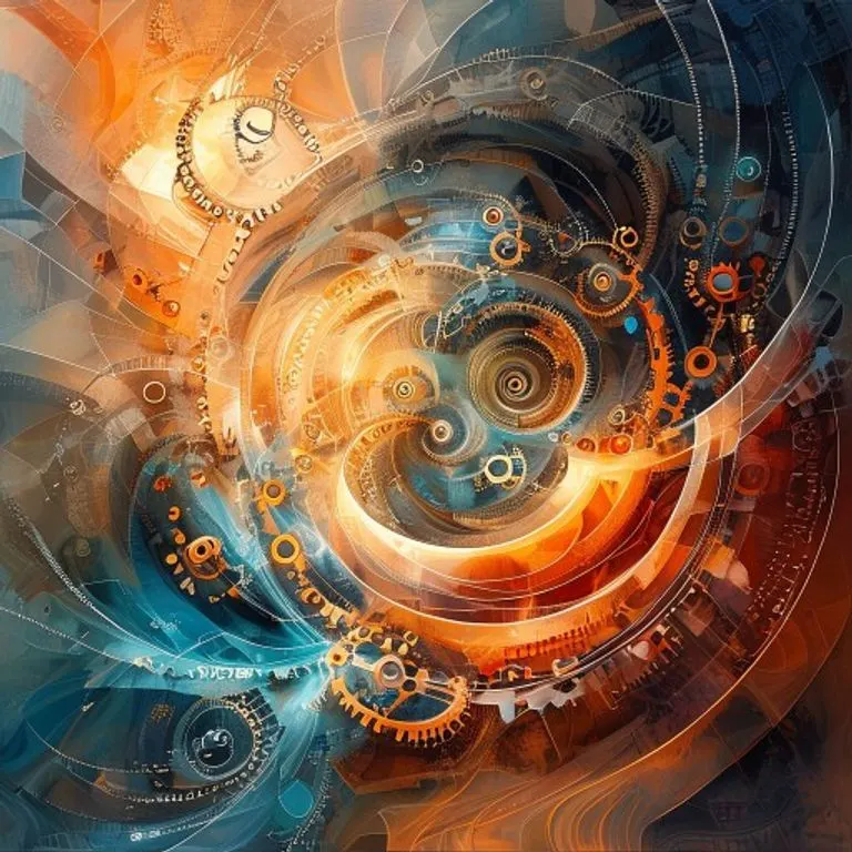 Arte conceptual abstracto con engranajes interconectados y flujos de información, simbolizando la adaptabilidad y el aprendizaje continuo.