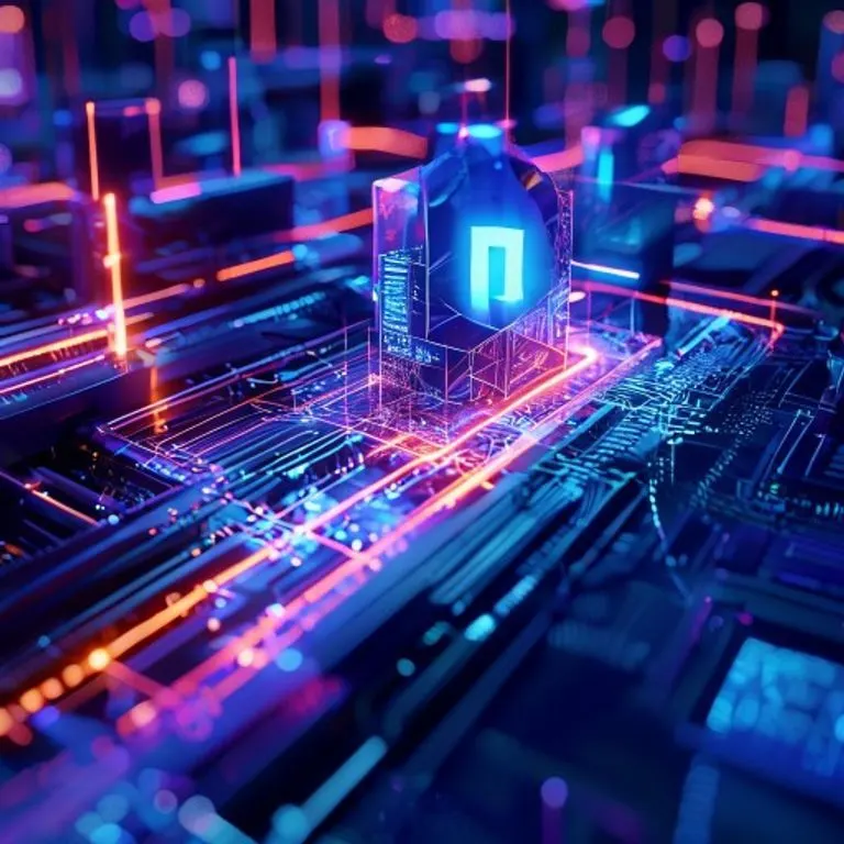 Representación conceptual de datos fluyendo de forma segura a través de una red blockchain.