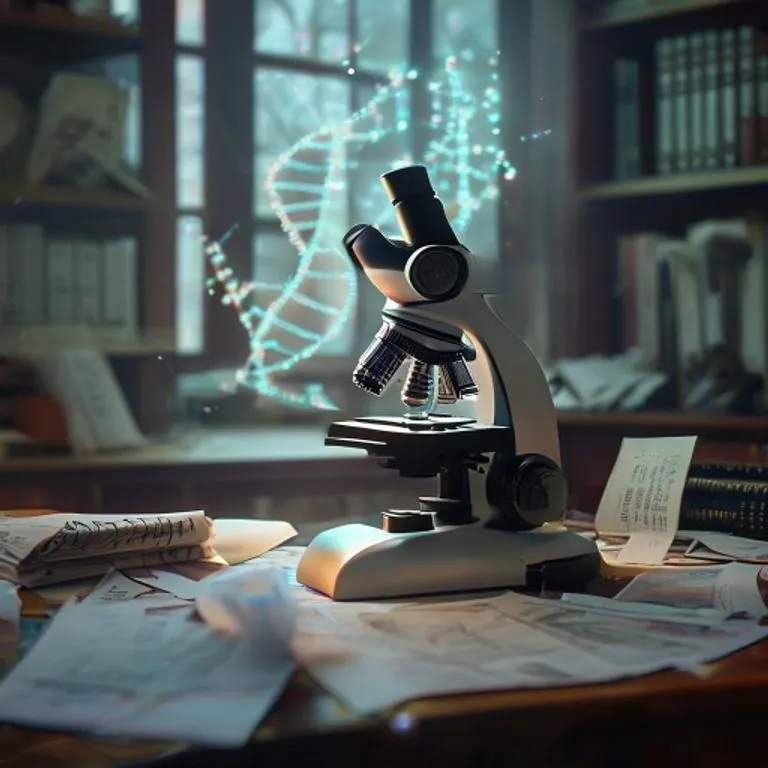 Fotografía cinematográfica de un microscopio antiguo sobre un escritorio de madera, rodeado de papeles de investigación con algoritmos, y una proyección holográfica de una hélice de ADN, con luz ambiental suave.