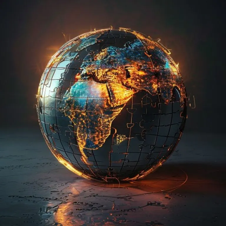 Arte conceptual de un globo terráqueo fragmentado, con piezas iluminadas y otras en sombra, representando la privacidad de datos y la equidad en salud global, con líneas interconectadas que simbolizan marcos éticos.