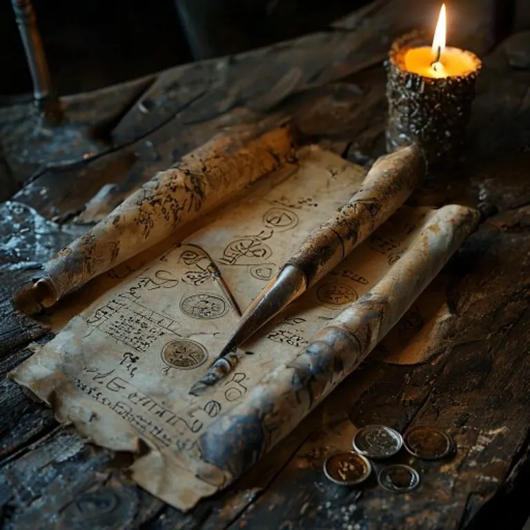 Antiguo pergamino medieval con símbolos crípticos y monedas de plata sobre una mesa de madera oscura, iluminado por una vela.