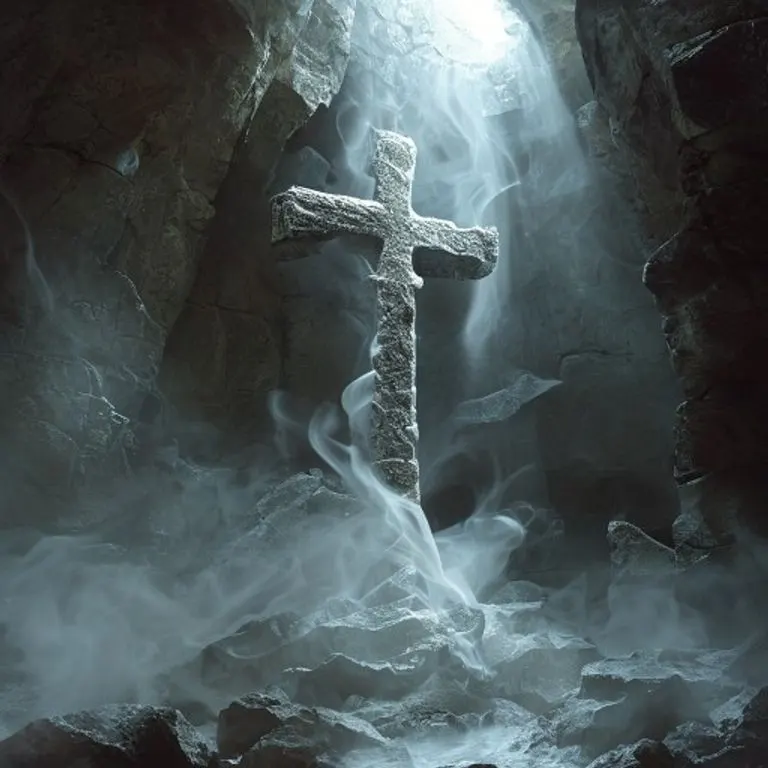 Ilustración conceptual de una cruz de piedra intrincada emergiendo de la niebla en una cripta antigua, con luz tenue.