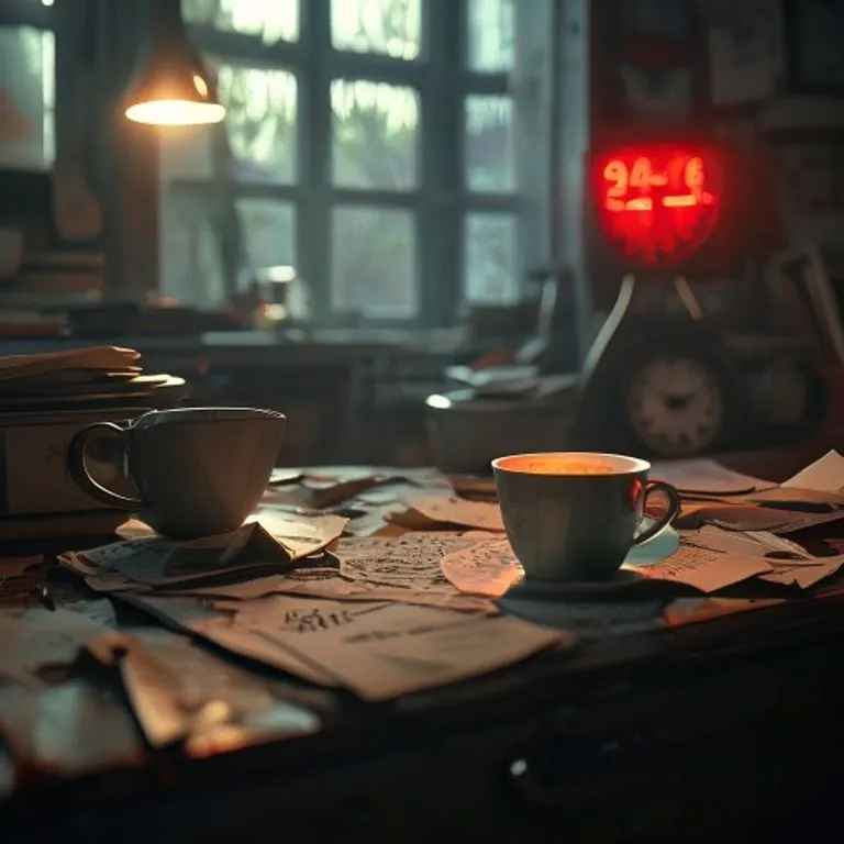 Escritorio desordenado al amanecer con café derramado y papeles arrugados, simbolizando agotamiento.