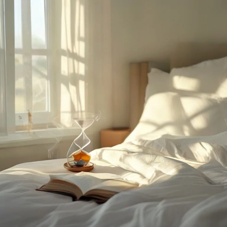 Dormitorio minimalista con luz suave, cama hecha, reloj de arena y taza de té, simbolizando rutina y calma.