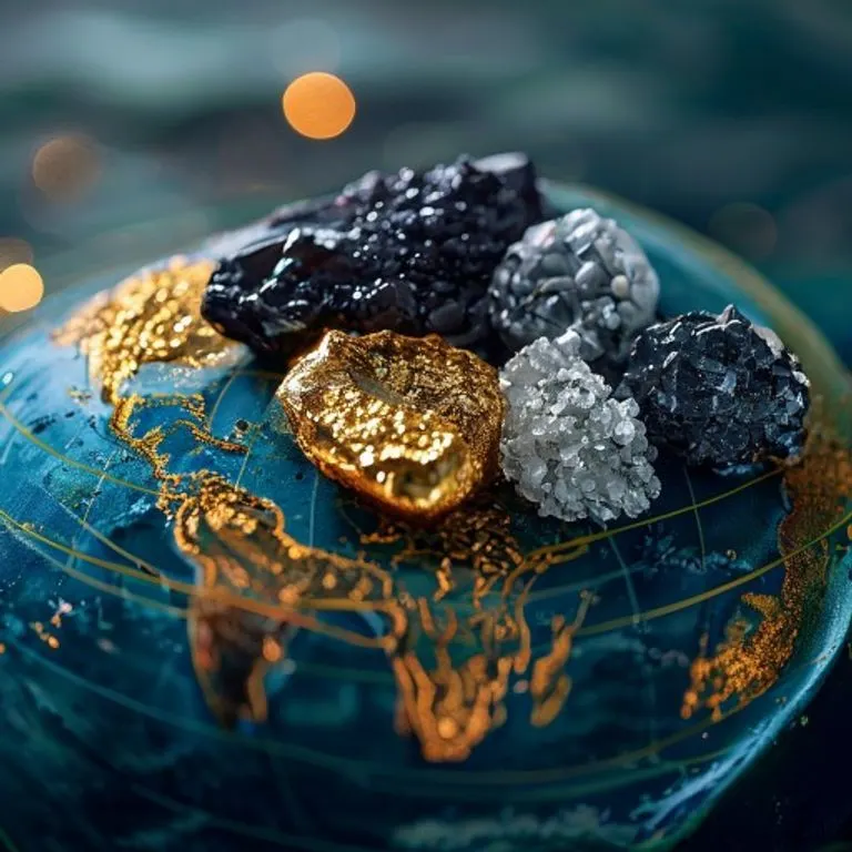 Primer plano de minerales y petróleo sobre un globo estilizado, con rutas de envío.