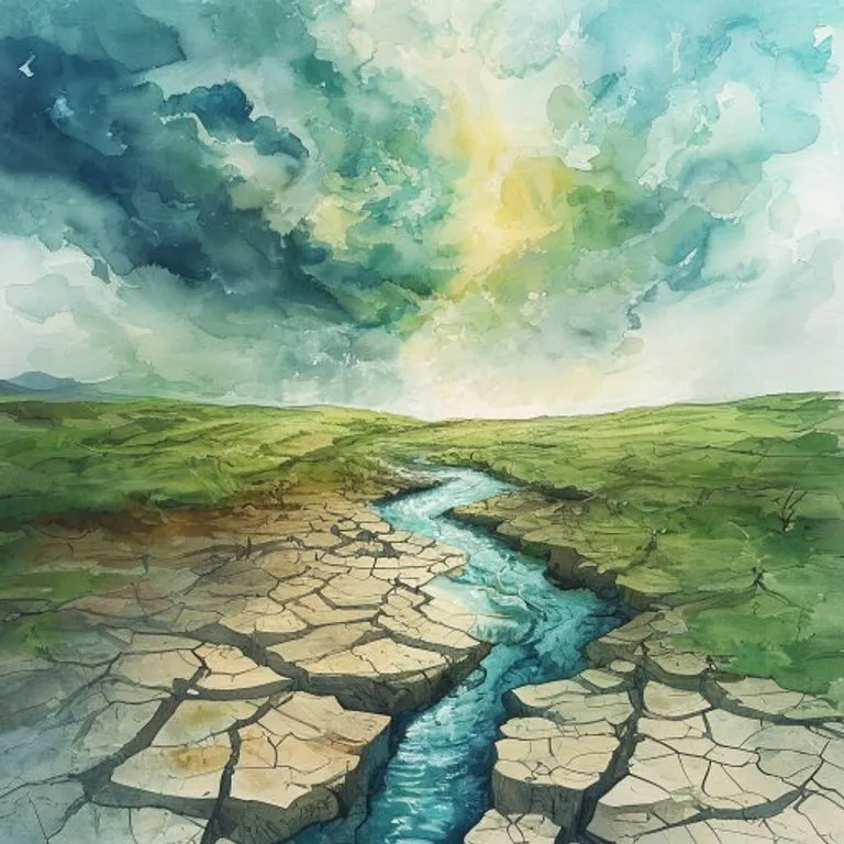 Pintura acuarela abstracta de un paisaje dividido entre sequía y verdor, con un río de adaptación.