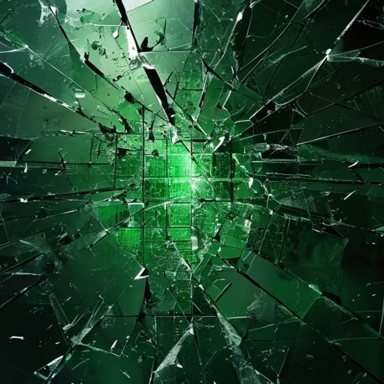 Un panel de vidrio roto con grietas que se extienden, revelando un circuito verde brillante debajo, simbolizando una brecha de seguridad digital y datos comprometidos.