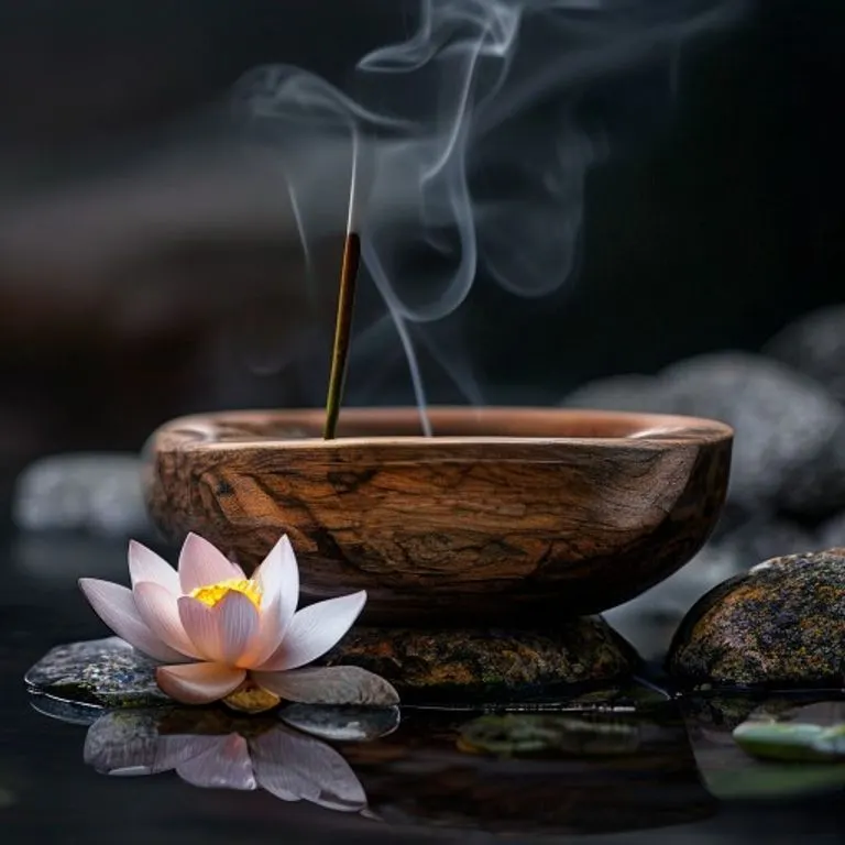 Fotografía macro de un cuenco de meditación antiguo de madera, con incienso humeante, rodeado de piedras de río y un pétalo de flor de loto sobre una superficie oscura.