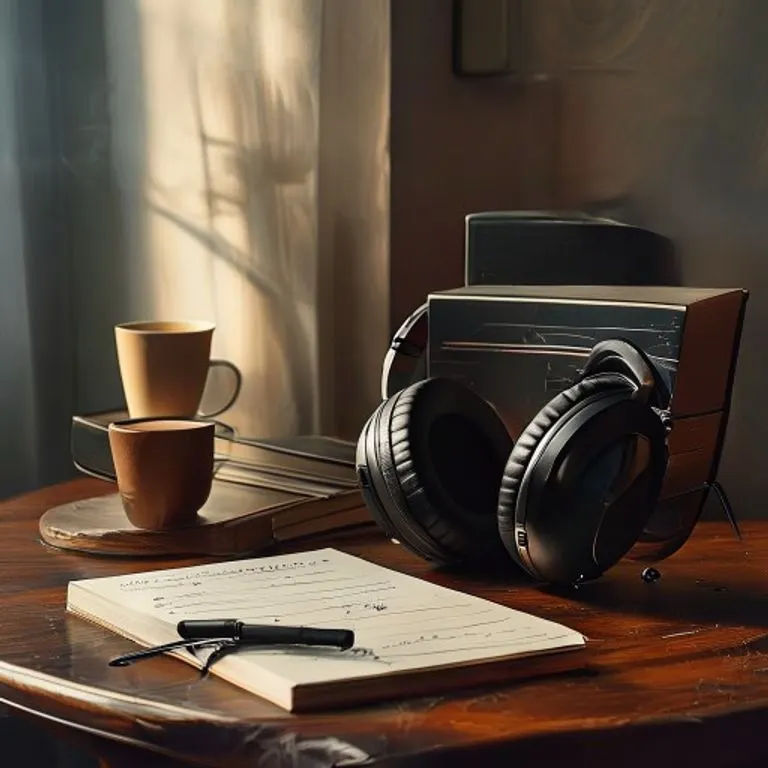 Fotografía cinematográfica de naturaleza muerta, una pila de discos de vinilo desgastados junto a unos auriculares modernos y elegantes sobre un escritorio de madera pulida, con luz ambiental sutil, una taza de café a medio vaciar y un cuaderno con ideas garabateadas.