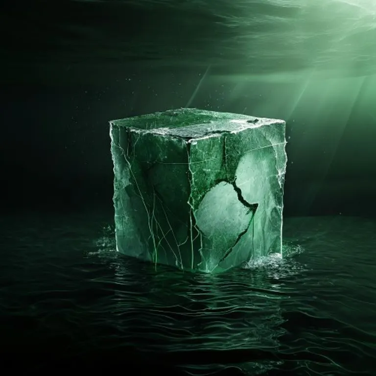 Arte conceptual de un cubo de hielo con forma de continente derritiéndose en agua oscura y turbulenta, con flujos de datos verdes.