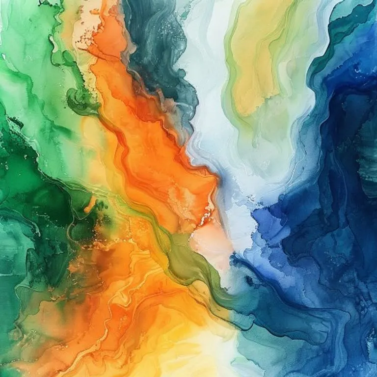Pintura abstracta en acuarela con fluidas transiciones de colores: verde esmeralda, naranja fuego, ocre terroso, plata metálica e índigo profundo, sugiriendo equilibrio y cambio constante.
