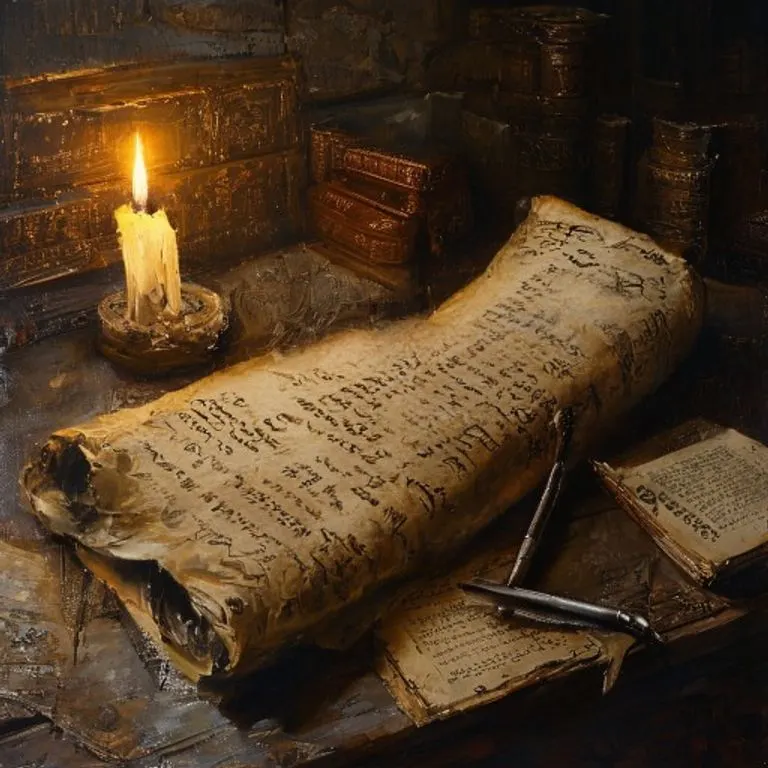 Un pergamino antiguo con escritura latina enigmática, pluma y tintero, sobre una mesa de madera rústica, en un ambiente monástico con luz tenue.