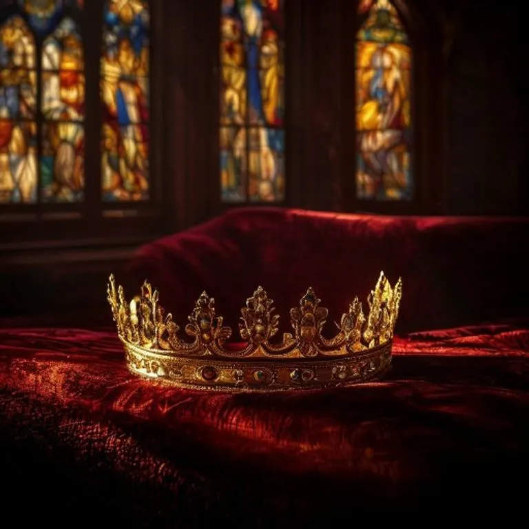 Una tiara papal dorada sobre un cojín de terciopelo rojo, con vidrieras de fondo que muestran escenas apocalípticas, iluminada dramáticamente.