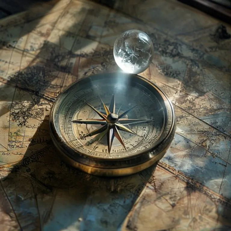 Antique compass and crystal ball on faded maps, symbolizing a spiritual quest for hidden knowledge.