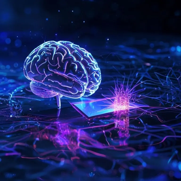 Arte conceptual de una delicada escultura de cerebro de cristal, envuelta en una compleja red de fibra óptica y circuitos brillantes, flotando en un vacío oscuro y reflectante.