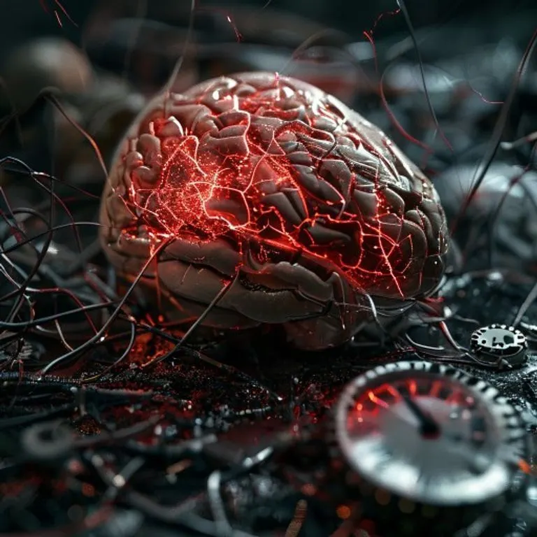Ilustración digital 3D de un cerebro fragmentado y translúcido, rodeado por ondas sonoras caóticas y símbolos abstractos de estrés, representando el impacto cognitivo del ruido.