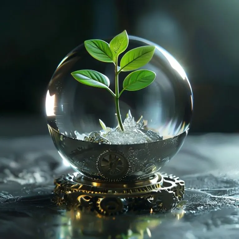 Renderizado 3D de un ecosistema en miniatura prosperando dentro de un logotipo corporativo transparente, con plantas verdes y paneles solares.
