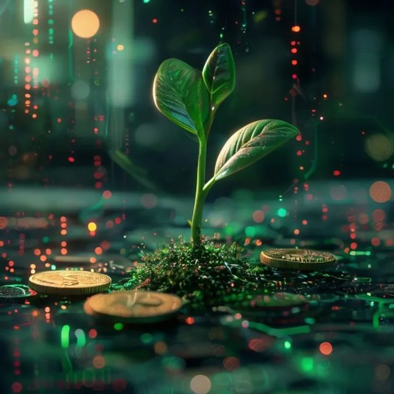 Render 3D minimalista de un pequeño árbol brillante que crece de una pila de monedas doradas y bloques de datos, con líneas de red etéreas sobre un fondo azul oscuro reflectante.