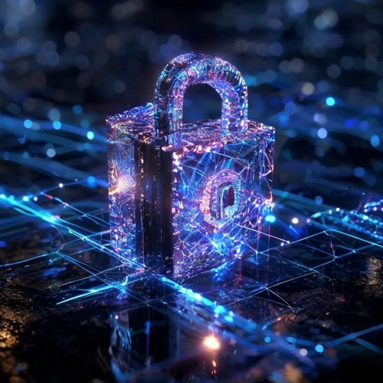 Representación 3D de una barrera digital de formas geométricas brillantes, protegiendo contra un vórtice de luz y oscuridad que simboliza un ataque cuántico.