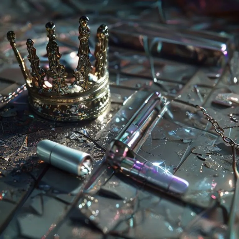 Un espejo roto que refleja fragmentos de una imagen, rodeado de notas musicales dispersas, simbolizando una identidad fragmentada.