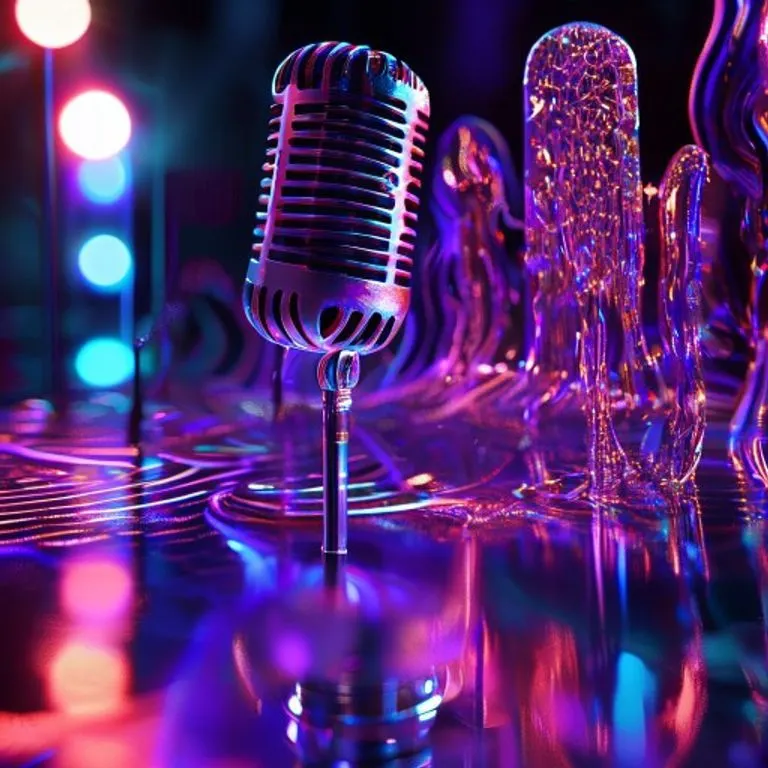 Una consola de estudio de grabación vintage con luces de neón y notas musicales dispersas, evocando la atmósfera creativa de la época dorada de la música pop.