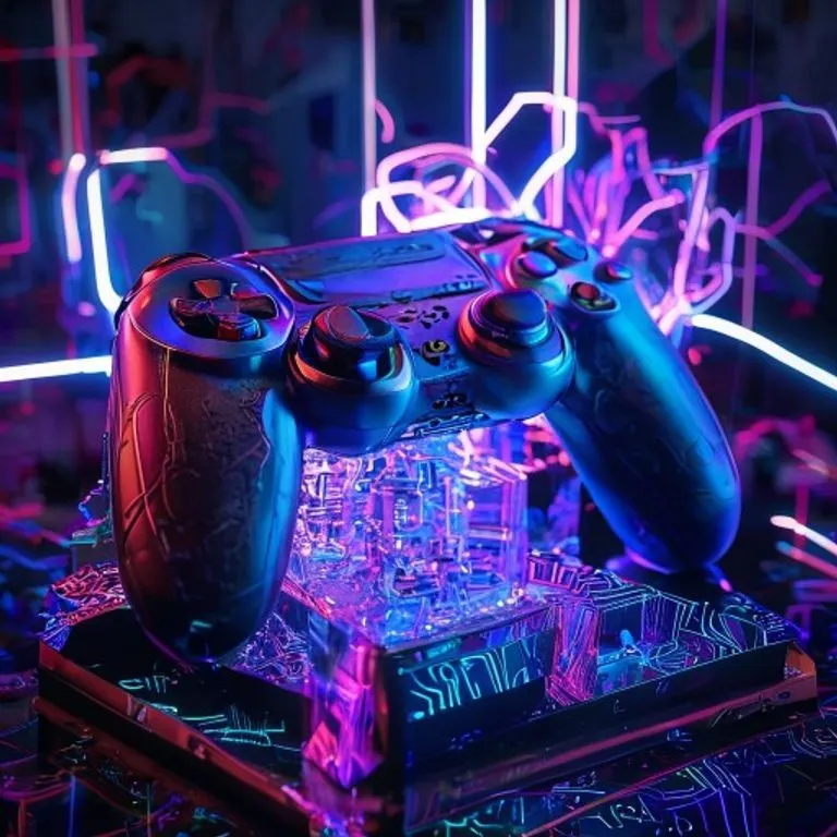 Controlador de videojuego clásico sobre un libro de literatura con pinceles y paleta de colores