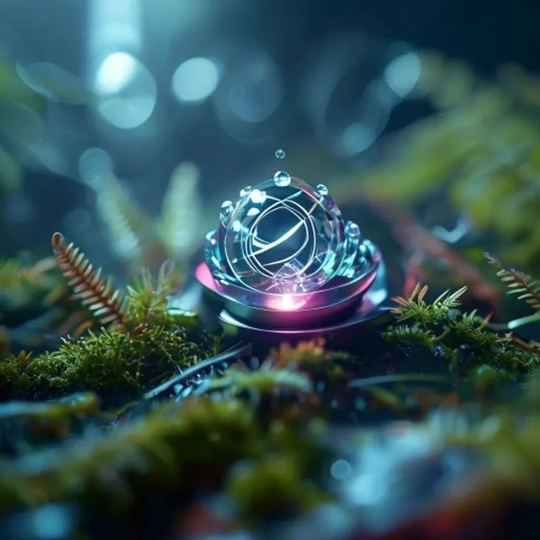 Un vórtice abstracto de datos digitales en tonos verdes y azules, convergiendo en un qubit luminoso, con un paisaje natural borroso de fondo, representando el impacto de la tecnología cuántica en el medio ambiente.