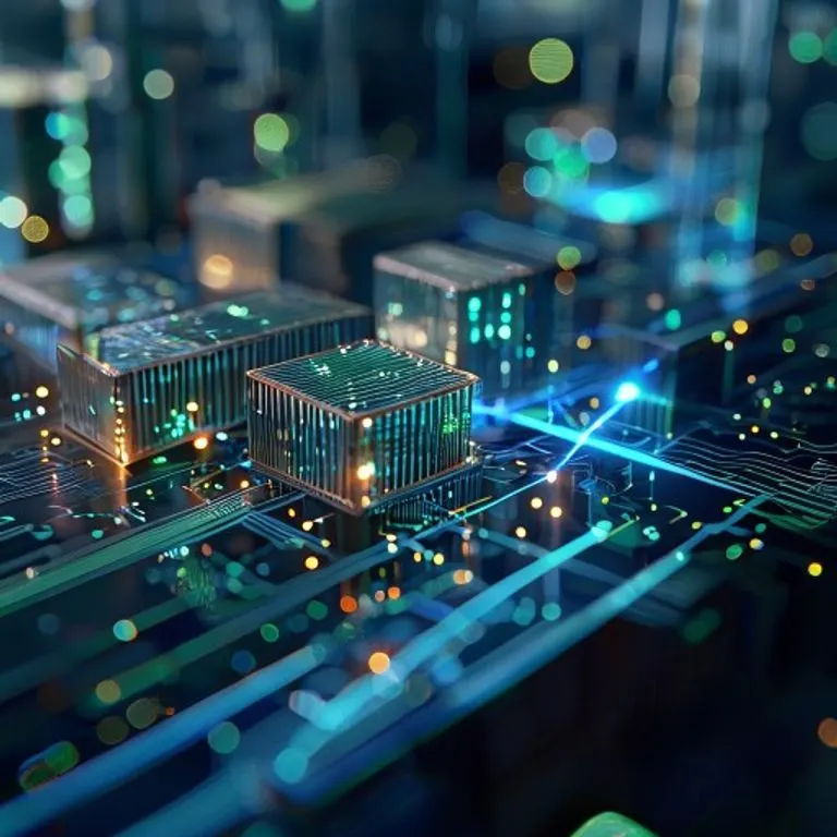 Flujo de datos transparente y brillante a través de engranajes entrelazados, simbolizando el movimiento de bienes e información en una cadena de suministro.