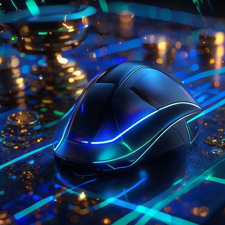 Renderizado 3D conceptual de unos auriculares de gaming minimalistas sobre un pedestal, con un haz de luz enfocado y esquemas de red borrosos en el fondo.