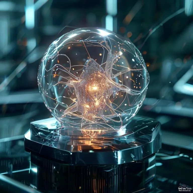 Lupa sobre proyección holográfica de red neuronal con puntos de datos destacados