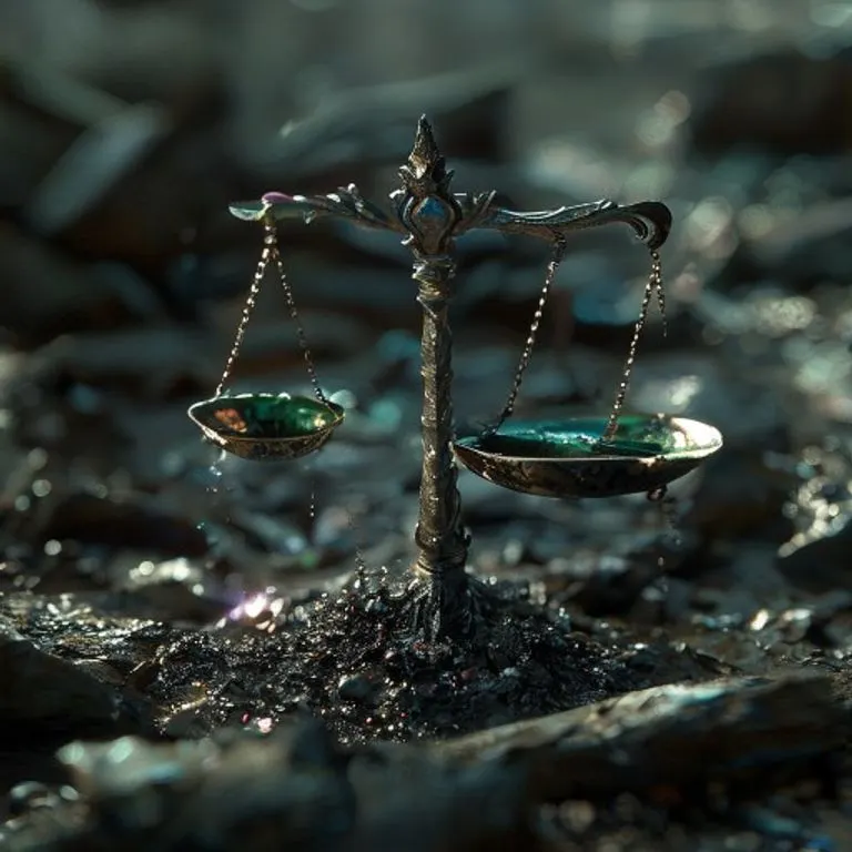 Reloj de arena roto con microplásticos y residuos industriales en tierra agrietada, con un brillo verde lejano.