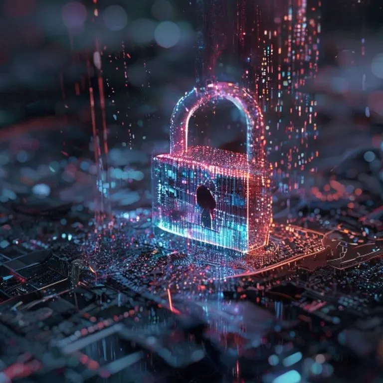 Bodegón cinematográfico de una máquina de escribir antigua con una pantalla brillante mostrando código, rodeada de documentos legales y un símbolo holográfico de copyright.