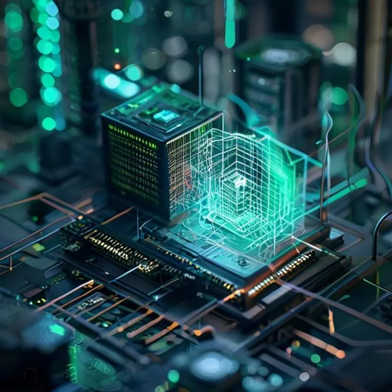 Placa de circuito brillante sobre mesa de madera oscura, con proyecciones holográficas de análisis de datos y protocolos de seguridad, y un gabinete de datos cerrado iluminado.