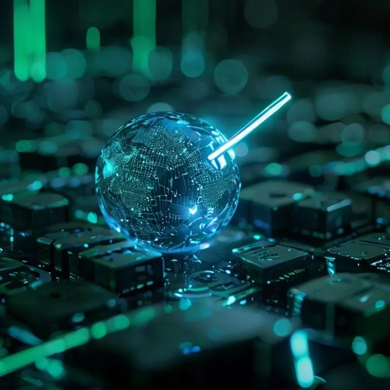 Arte conceptual de un flujo de datos seguro a través de una cadena de bloques, con formas geométricas entrelazadas y elementos brillantes.