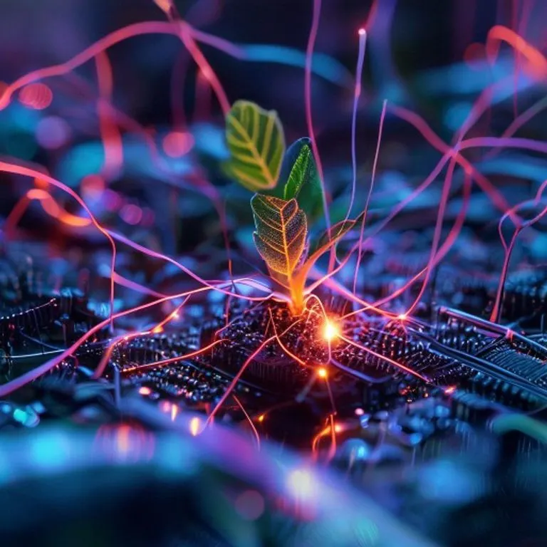 Escena de bodegón cinematográfico con un escritorio ordenado, una proyección holográfica de un mapa de ciudad, sensores en miniatura, una tableta mostrando datos en tiempo real y una planta pequeña. La iluminación ambiental resalta los detalles.