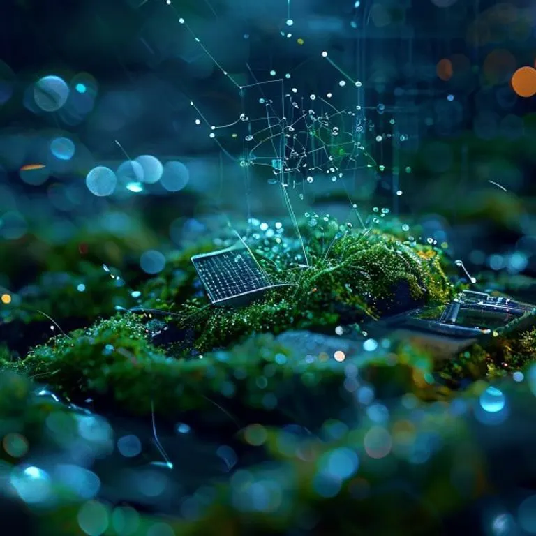 Arte conceptual abstracto de un flujo de energía urbana, con líneas luminosas que conectan turbinas eólicas y paneles solares estilizados en fachadas de edificios. La paleta de colores es azul y verde, simbolizando eficiencia y armonía ambiental.