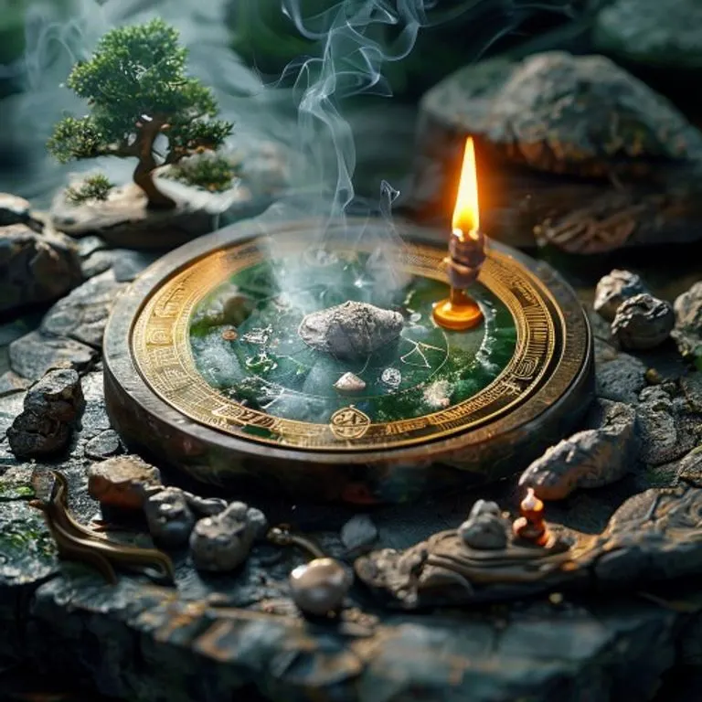 Escritorio vintage con libro de astrología abierto y espejo bagua con planta.