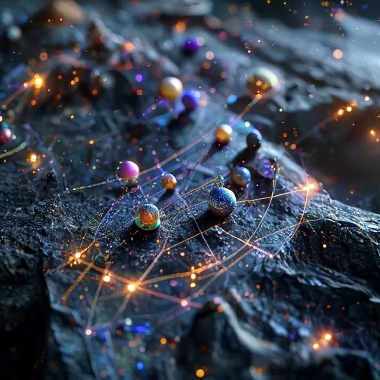 Arte conceptual de una esfera de cristal con una galaxia en miniatura, rodeada de nebulosas
