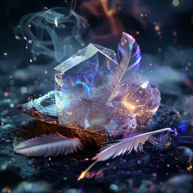 Fotografía macro de una colección de cristales de amatista y cuarzo, junto a un sahumerio de salvia blanca, dispuestos sobre un altar rústico de madera con luz suave y humo místico.